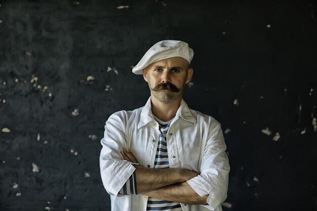 cocinero brutal con bigote, chef marino inusual en un chaleco, estilo vintage