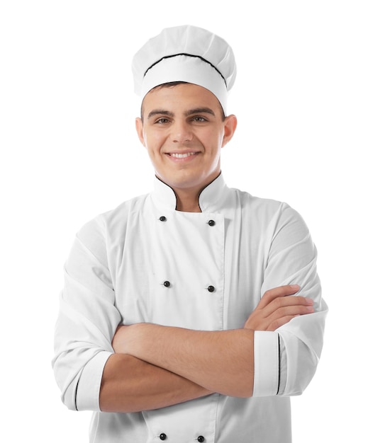 Cocinero de chef guapo joven aislado en blanco