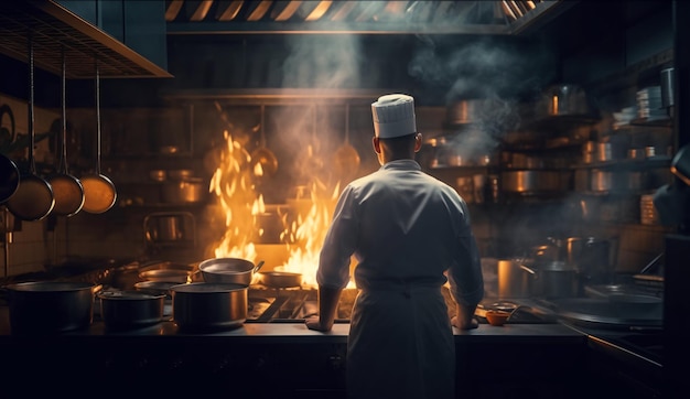 Un cocinero en la cocina de un restaurante en la vista trasera