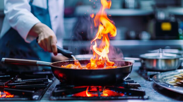 El cocinero cocinando con la llama en una sartén en una estufa de la cocina