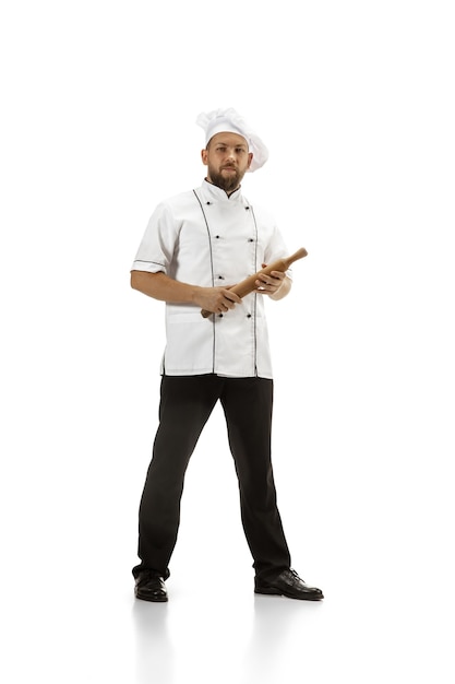 Foto cocinero cocinero panadero en uniforme aislado sobre fondo blanco gourmet