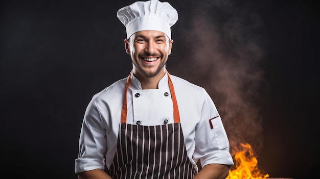 Un cocinero contento con un toque mostrando sus habilidades culinarias