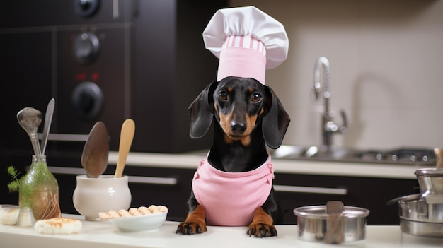 Foto el cocinero de dachshund negro y marrón con sombrero y túnica de chef blanco y una pajarita rosa en la cocina