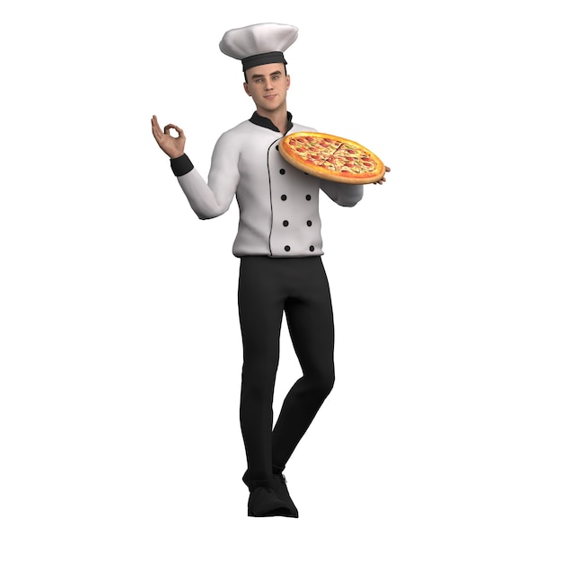 Un cocinero está de pie llevando una pizza y levantando la mano juntos como un signo de bien delicioso