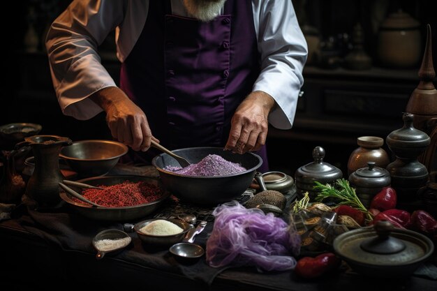 El cocinero está usando una cuchara para mezclar