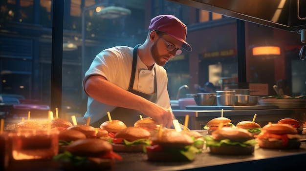 Cocinero haciendo una hamburguesa