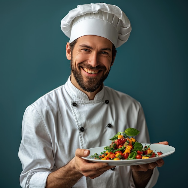 cocinero hombre sonriente sosteniendo un plato con comida