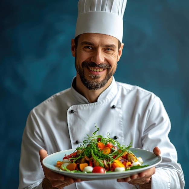 cocinero hombre sonriente sosteniendo un plato con comida