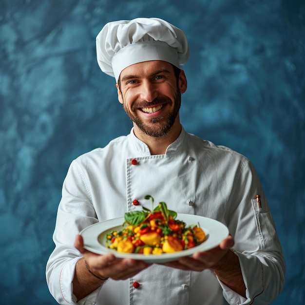 cocinero hombre sonriente sosteniendo un plato con comida