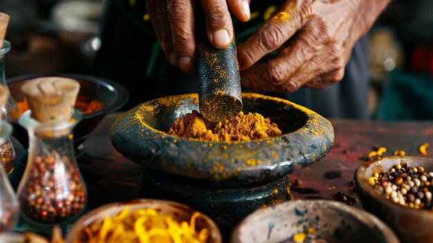 Foto un cocinero indio preparando un lote de pasta de curry de razala desde cero moliendo especias frescas para crear una base rica y sabrosa