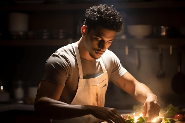 Foto un cocinero masculino cocinando en la cocina