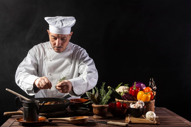 Foto cocinero masculino en uniforme blanco y sombrero poniendo hierbas en un plato de comida con vegetales