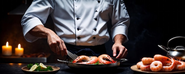 El cocinero o el chef cocina camarones en una sartén con verduras Cocinar mariscos comida vegetariana saludable y foo