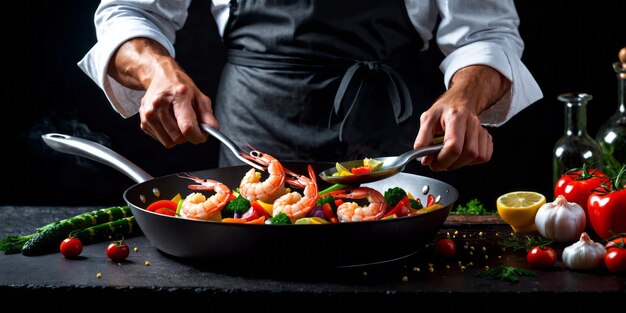El cocinero o el chef cocina camarones en una sartén con verduras Cocinar mariscos comida vegetariana saludable y foo