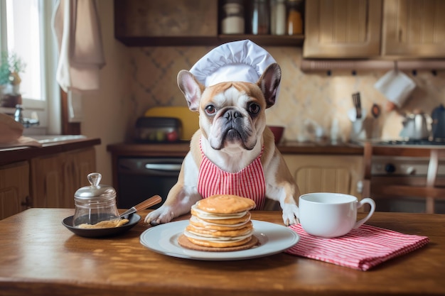 Cocinero de perros con un plato de panqueques calientes listos para el desayuno matutino de la familia creado con inteligencia artificial generativa