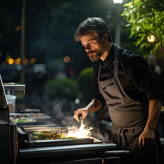 Cocinero preparando una barbacoa en la terraza de un restaurante en una noche de verano Imagen creada con IA