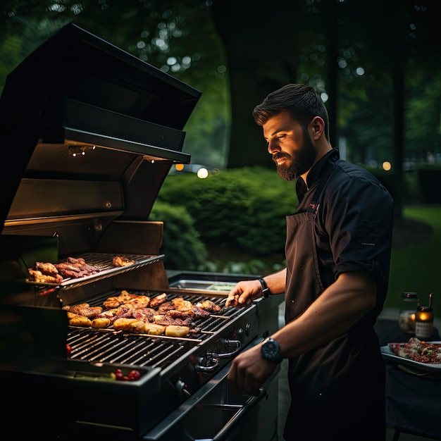 Cocinero preparando una barbacoa en la terraza de un restaurante en una noche de verano Imagen creada con IA