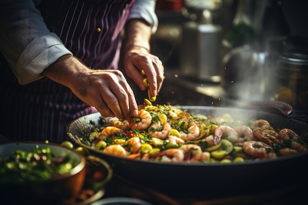 Cocinero profesional prepara camarones, mariscos con especias verdes en una sartén