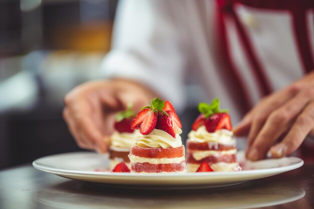 Cocinero profesional que prepara deliciosos postres