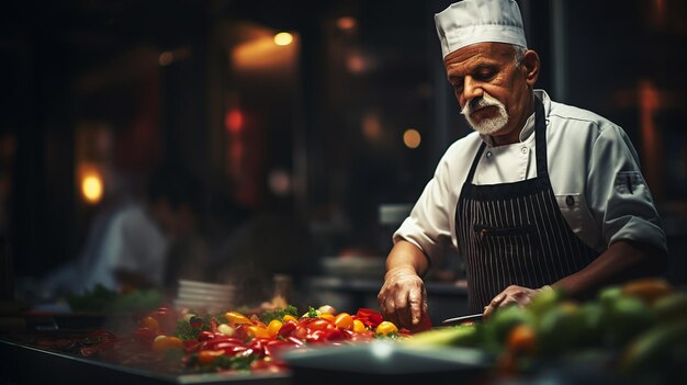 Foto cocinero profesional en uniforme agrega algunas especias al plato decorando una deliciosa comida para los huéspedes en el concepto de cocina de alimentos del restaurante del hotel