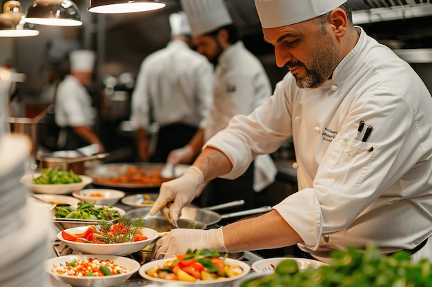 Foto el cocinero profesional en uniforme tiene un día ocupado en la cocina el cocinero preparando comida para la cena