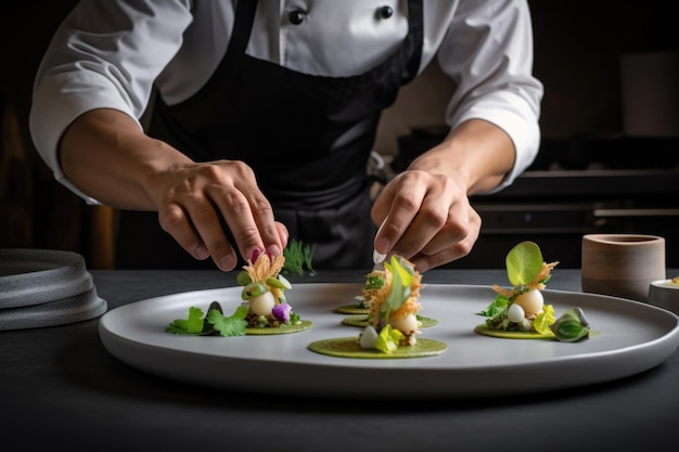 Un cocinero que crea una impresionante presentación de alimentos e ingredientes en un plato creado con inteligencia artificial generativa