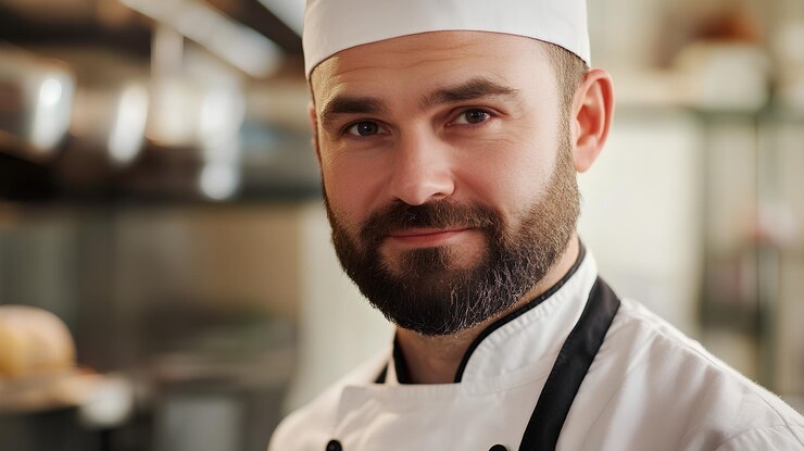 un cocinero con un sombrero en la cabeza y un sombreiro blanco y negro