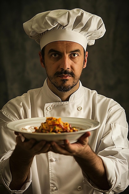 un cocinero sostiene un plato de pasta y un plito de pasta