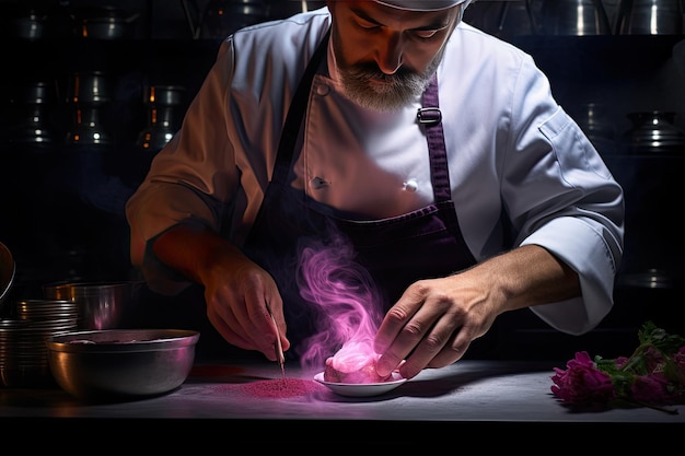 Foto el cocinero está usando una cuchara para mezclar