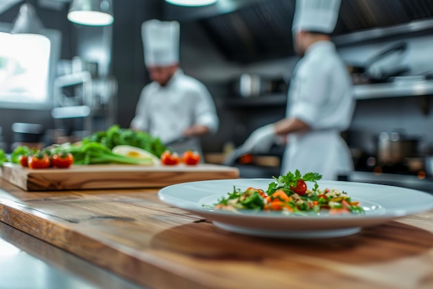 Foto los cocineros en una cocina de un restaurante de lujo se centran en perfeccionar la presentación de un plato sofisticado listo para el servicio