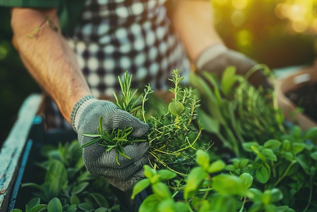 Los cocineros cosechan hierbas y verduras en un jardín iluminado por el sol preparándose para un evento de comidas en la granja.