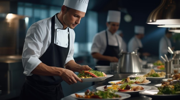 cocineros que colocan alimentos en platos o preparan alimentos en una cocina profesional en un restaurante