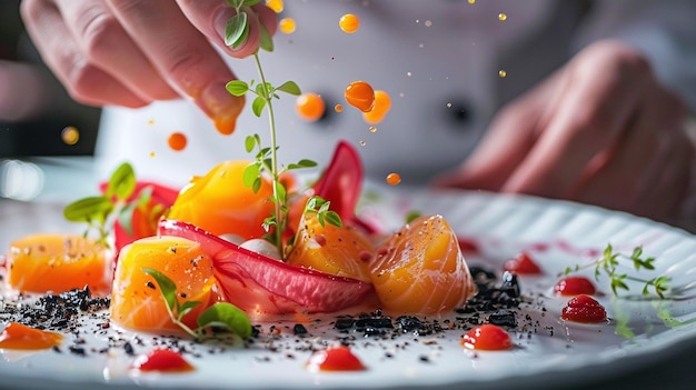 Foto los cocineros terminan el plato de salmón gourmet