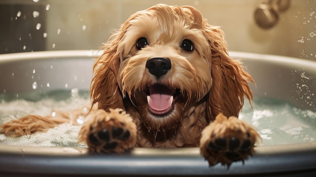 Cocker Spaniel en una bañera con salpicaduras de agua