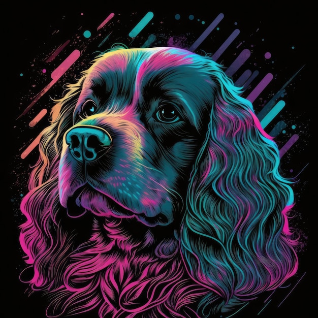 Cocker Spaniel Dog 80s Synthwave Camiseta detallada Arte vectorial con colores vivos IA generativa