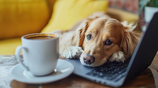 El Cocker Spaniel está tendido en el teclado de la computadora portátil cerca de la taza de café en un interior acogedor