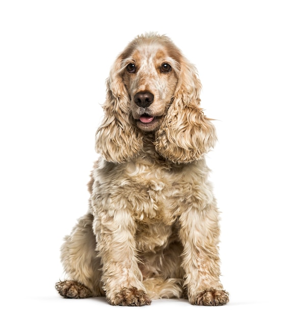 Cocker spaniel inglês sentado em frente a um fundo branco