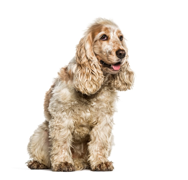 Cocker Spaniel Inglês sentado em frente a uma superfície branca