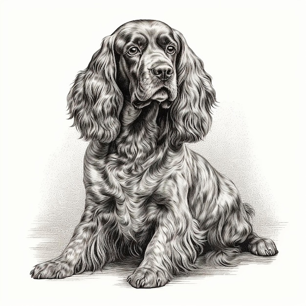 Cocker Spaniel perro estilo de grabado retrato de primer plano dibujo en blanco y negro mascota linda