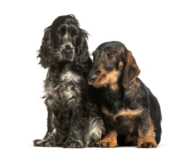 Cocker Spaniels und Dackel sitzen vor weißem Hintergrund