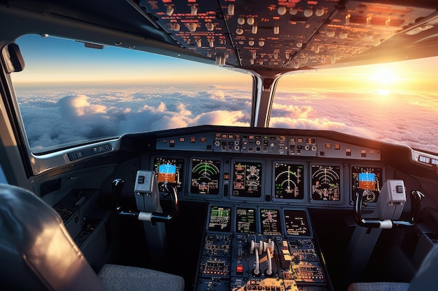 Cockpit de avião comercial durante tempo claro abaixo