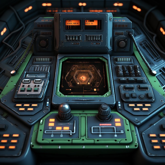 Cockpit de nave alienígena com controles de nave espacial Cockpit de foguete com painel de controle