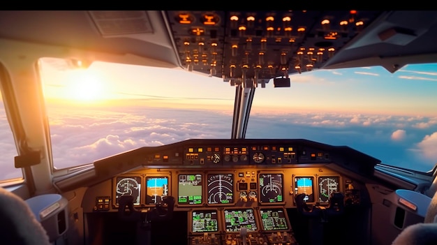 Cockpit de um avião de passageiros Aeroplano interior assento de piloto pára-brisas de piloto durante o voo no céu acima das nuvens Ilustração de IA generativa