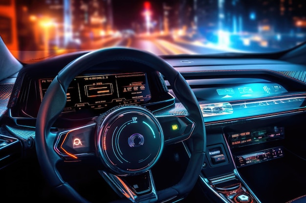 Cockpit de veículo autônomo futurista Painel digital de carro IA generativa