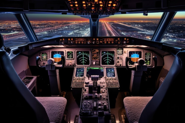 Cockpit eines Verkehrsflugzeugs beim Start auf einem Flughafen