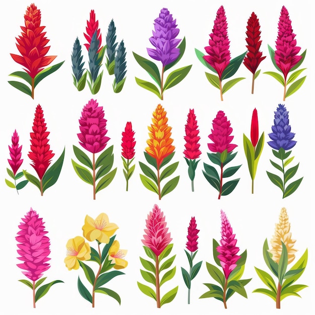 Cockscomb Flower Icon Set Jardim Celosia Design plano Abstract Celosia Símbolo simples Flores de amaranto