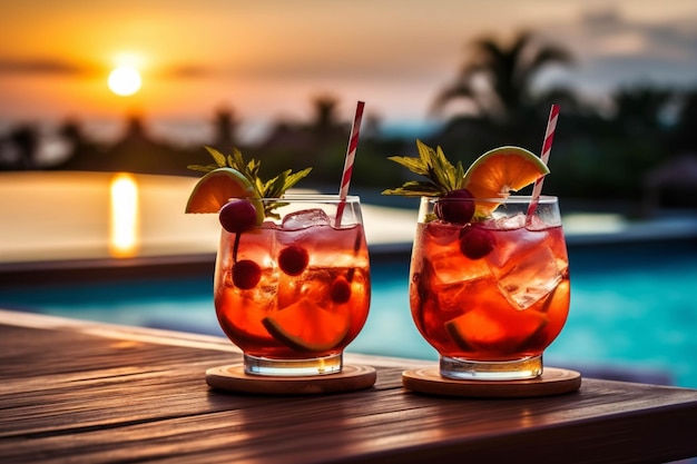 Cocktail am Pool bei Sonnenuntergang Sommerurlaubskonzept