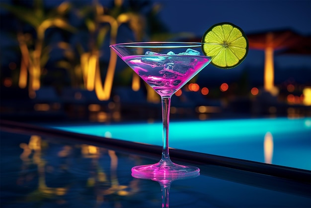 Cocktail am Pool im von KI erzeugten Neonlicht