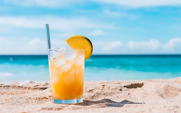 Cocktail am Strand mit Meer und Himmel im Hintergrund