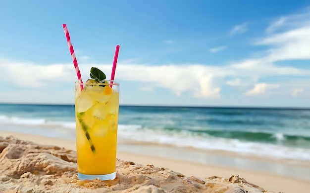 Cocktail am Strand mit Meer und Himmel im Hintergrund